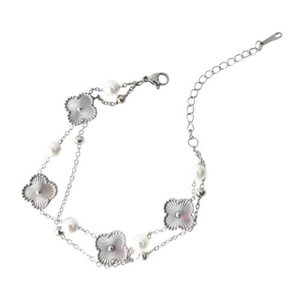 4494 Four-Leaf Clover Star Pearl Bracelet , 18K Gold Plated Adjustable